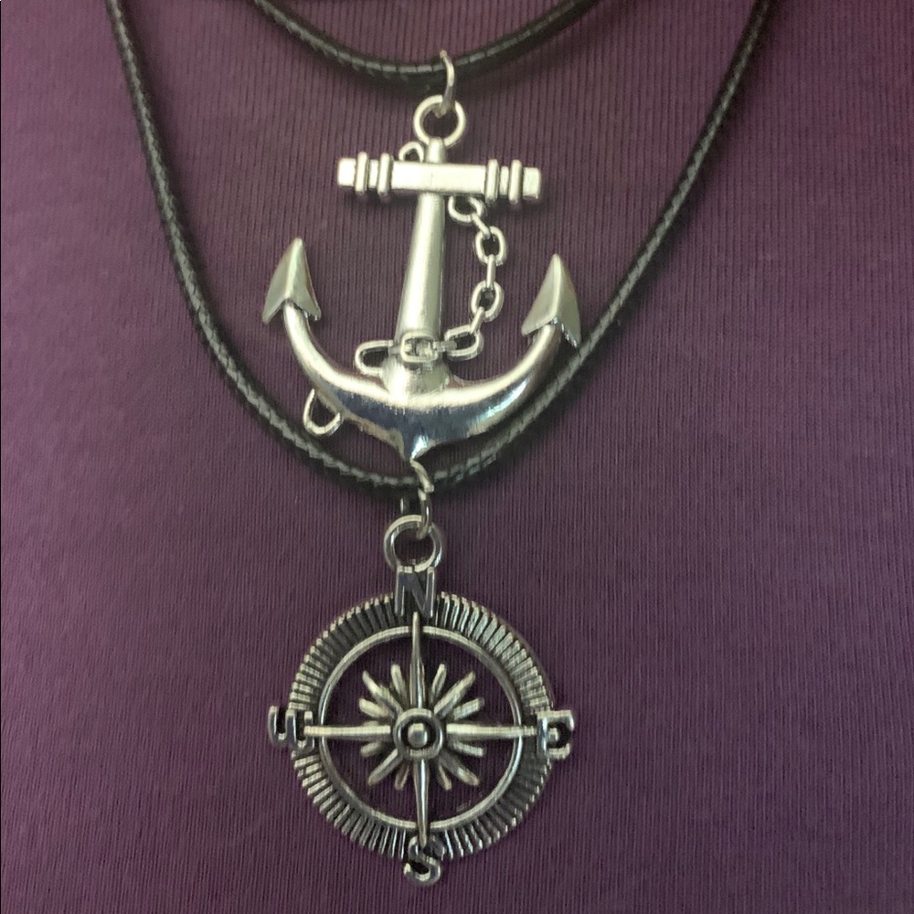 🔵3/$25 Silver Anchor/Compass Pendant Set -Leather